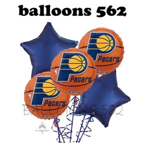 May include: A set of six balloons featuring the Indiana Pacers logo. The balloons are orange, blue, and white with the Pacers logo and the words "Pacers" on them. The balloons are tied together with blue ribbons.