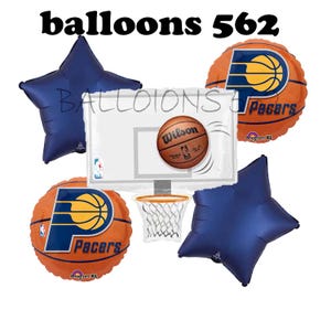 May include: A set of six blue and orange balloons featuring the Indiana Pacers logo and a basketball hoop with a basketball. The basketball is labeled "Wilson".