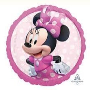 Puede incluir: Globo rosa con lunares blancos con una imagen de dibujos animados de Minnie Mouse con un lazo y un vestido rosa.
