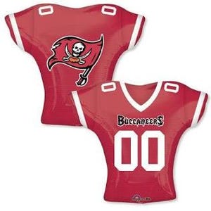 May include: Red and white inflatable football jersey with the Tampa Bay Buccaneers logo and the number 00. The logo is a pirate skull and crossbones with a red flag.