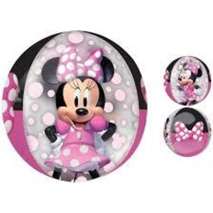 May include: A black and pink balloon with a white polka dot pattern. The balloon features a cartoon image of Minnie Mouse wearing a pink dress with white polka dots and a red bow.