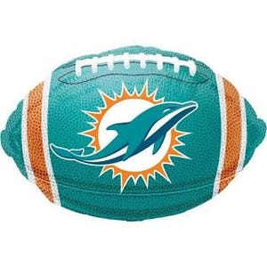 May include: A teal blue and orange football-shaped balloon with the Miami Dolphins logo. The logo features a dolphin jumping out of a sun.