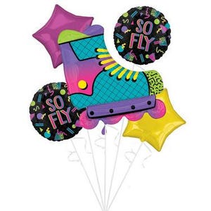 May include: A bouquet of colorful balloons featuring a roller skate design with a gradient of purple, teal, and pink. Two round balloons with the text "SO FLY" and two star-shaped balloons in pink and yellow complete the arrangement.