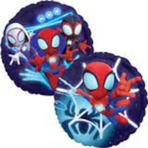 May include: Two round foil balloons featuring Spider-Man characters. One balloon shows Spider-Man, Spider-Gwen, and Miles Morales against a dark blue background with glowing accents. The other balloon features Spider-Man in a dynamic pose with a web design.