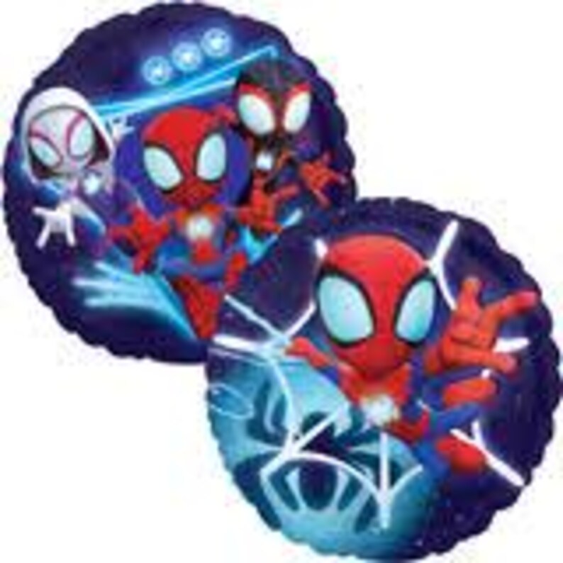 May include: Two round foil balloons featuring Spider-Man characters. One balloon shows Spider-Man, Spider-Gwen, and Miles Morales against a dark blue background with glowing accents. The other balloon features Spider-Man in a dynamic pose with a web design.