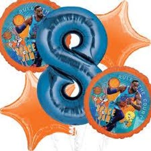 May include: A set of Space Jam 2 party balloons featuring a blue number 8 balloon, two orange star balloons, and two round balloons with a basketball player and the words "Rule the Court" and "Space Jam".