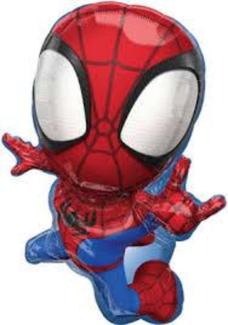 Puede incluir: Un globo de aluminio rojo y azul con forma de Spider-Man de dibujos animados. El globo est&aacute; en una pose de vuelo con los brazos extendidos.