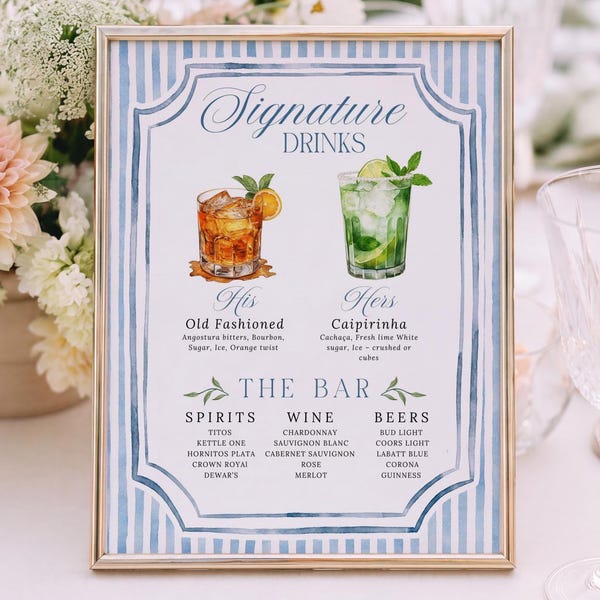 Plantilla de cartel de boda con bebidas exclusivas, menú de bar a rayas azules, cartel de bar de boda editable #db026