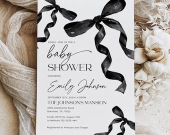 Könnte beinhalten: Schwarz-weiße Babyparty-Einladung mit schwarzen Schleifen und dem Text "KINDLY JOIN US FOR A baby SHOWER HONORING Emily Johnson SEPTEMBER 12TH, 2024 14:00PM THE JOHNSON'S MANSION 6550 Glenblythe Road Brenham, TX 77833 Kindly RSVP by August 10th to Melindo 123-3333-444 Registered at Amazon and Target"
