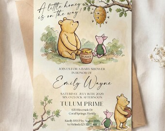 Modello modificabile per invito baby shower classico Winnie the Pooh e Pimpi con miele #cwp26