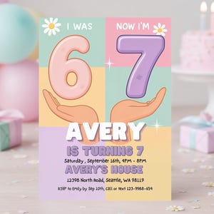 I Was 6 Now I’m 7 pastel birthday invitation template for girls.