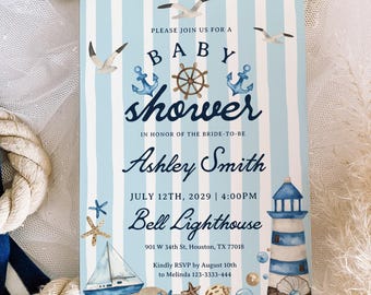 Nautische Babypartyeinladungsvorlage | Bearbeitbare Leuchtturm Einladen | Babypartyeinladung mit blauem Segelboot #nav025