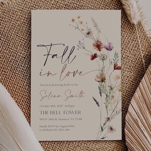 Rustic Fall in Love Bridal Shower Invitation Template | Autumn Boho Floral Invitation | Editable Wildflower Bridal Shower Invite #Mila