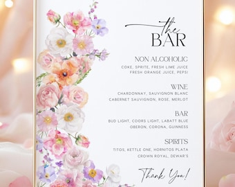 Bewerkbare sjabloon menubord trouwbalk| Drankmenubord afdrukbaar | Floral Bar-menu #flr025