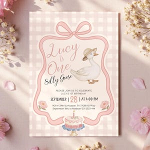Convite de aniversário Blush Silly Goose, convite para o primeiro aniversário de uma menina, convite editável Silly Goose, convite para impressão em rosa xadrez