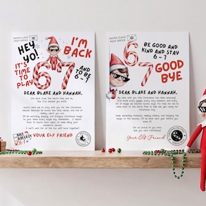 Paquete de cartas editables de llegada y despedida de elfos: Juego de Navidad de elfos, 6 cartas de llegada de elfos de 7 días #lms126