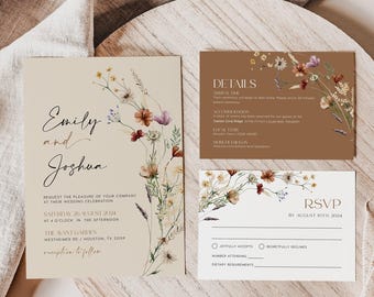 Wedding Invitation Floral, Boho Wedding invitation set, Beige Wedding Invitation template, Digital wedding invitation template #Mila