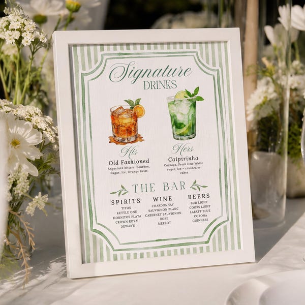 Letrero de bebidas exclusivas, plantilla de letrero de menú de bar para bodas a rayas #sg026