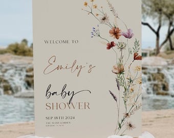 Babyparty Willkommensschild | Willkommensschild Vorlage | Beige Baby Shower Zeichen | Boho Blumen und Gender Neutral #Mila