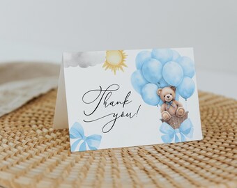 Danke-Karte | Babyparty Dankeskartenvorlage | Blaues Teddybär-Babypartythema | Canva Template #TB025
