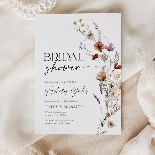 Bridal Shower Invitation | Wildflower Bridal shower | Boho Floral Bridal shower invitation | Customizable Template#Silvia