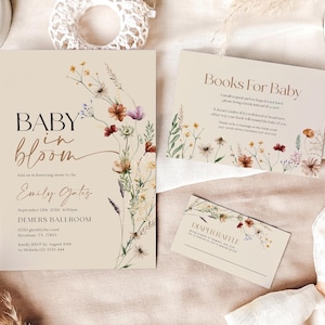Baby in Bloom Einladung | Babypartyeinladung | Bücher für Baby | Windel-Gewinnspiel | Beige mit Wildblumen anpassbaren Vorlagen #Mila
