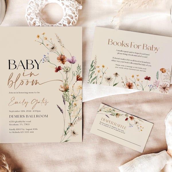 Baby in Bloom-uitnodiging | Uitnodiging babyshower | Boeken voor baby | Luierloterij | Aanpasbare sjablonen beige met wilde bloemen #Mila