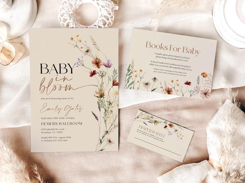 Invito Baby In Bloom / Invito Baby Shower / Libri per neonati / Lotteria dei pannolini / Modelli personalizzabili Beige con fiori di campo #Mila immagine 1