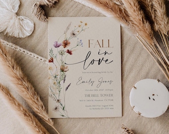 Fall Bridal Shower Invitation | Fall In Love Invite | Editable Autumn Bridal Shower Template | Boho Floral Bridal Shower Invite #Mila