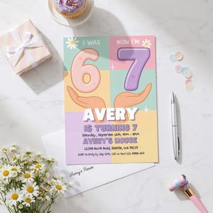 I Was 6 Now I’m 7 pastel birthday invitation template for girls.