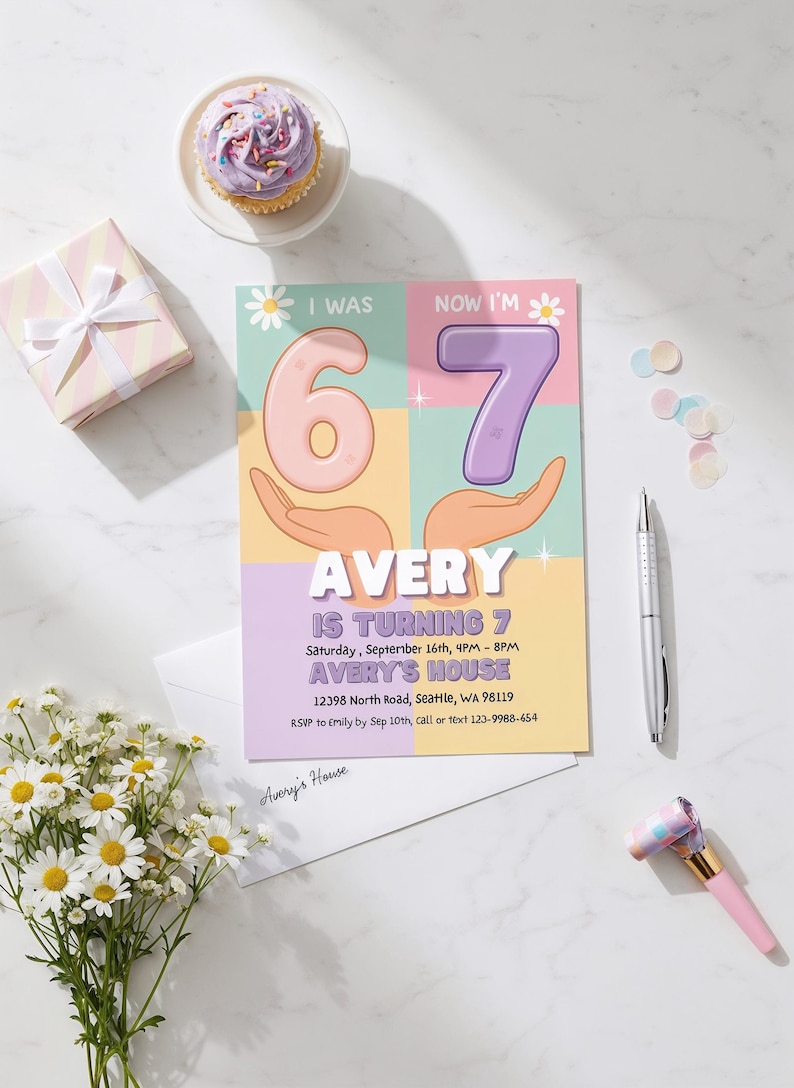 I Was 6 Now I’m 7 pastel birthday invitation template for girls.