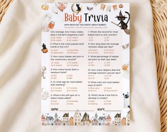 Editable Baby Trivia Game: Spooky Halloween Baby Shower Printable Games Cards #hlw025