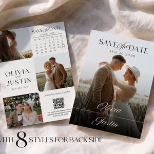May include: Two wedding save-the-date cards with photos of a couple. One card features a calendar for August 2028. The cards include the names Olivia and Justin, and the text "Save the Date". The cards are white with black text.