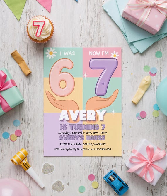 Six Seven Girl Birthday Invitation Template, I Was 6 Now I’m 7, Editable Girl 7th Birthday Invite