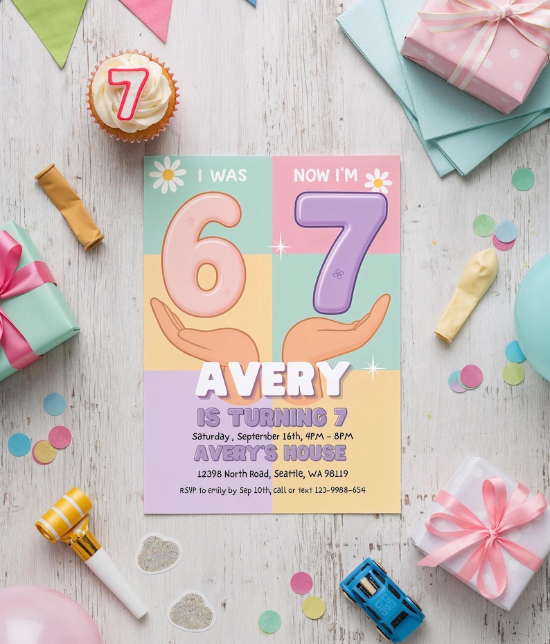 I Was 6 Now I’m 7 pastel birthday invitation template for girls.