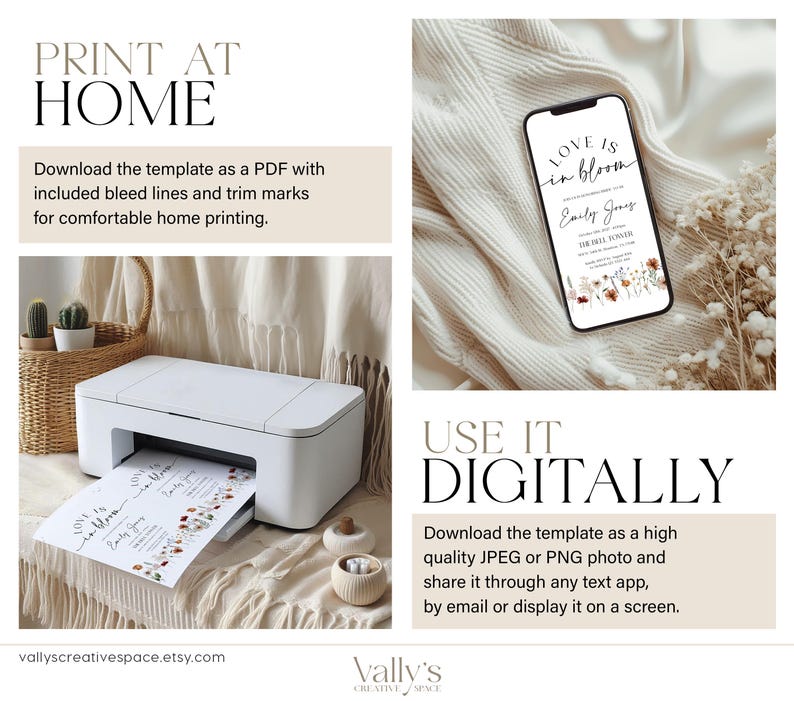 May include: A white printer with a printed invitation that reads "Love is in bloom" and a smartphone displaying the same design. The image also includes text that says "Print at Home" and "Use it Digitally".