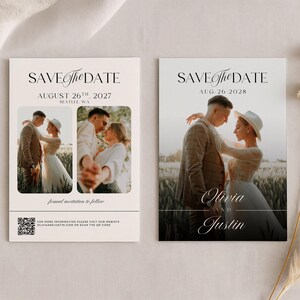 May include: Two wedding announcement cards with photos of a couple. The cards read "Save the Date" with the date and location. One card says "Olivia and Justin". The cards are on a neutral background.