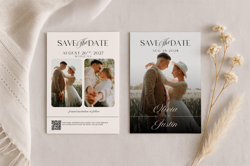 May include: Two wedding announcement cards with photos of a couple. The cards read "Save the Date" with the date and location. One card says "Olivia and Justin". The cards are on a neutral background.