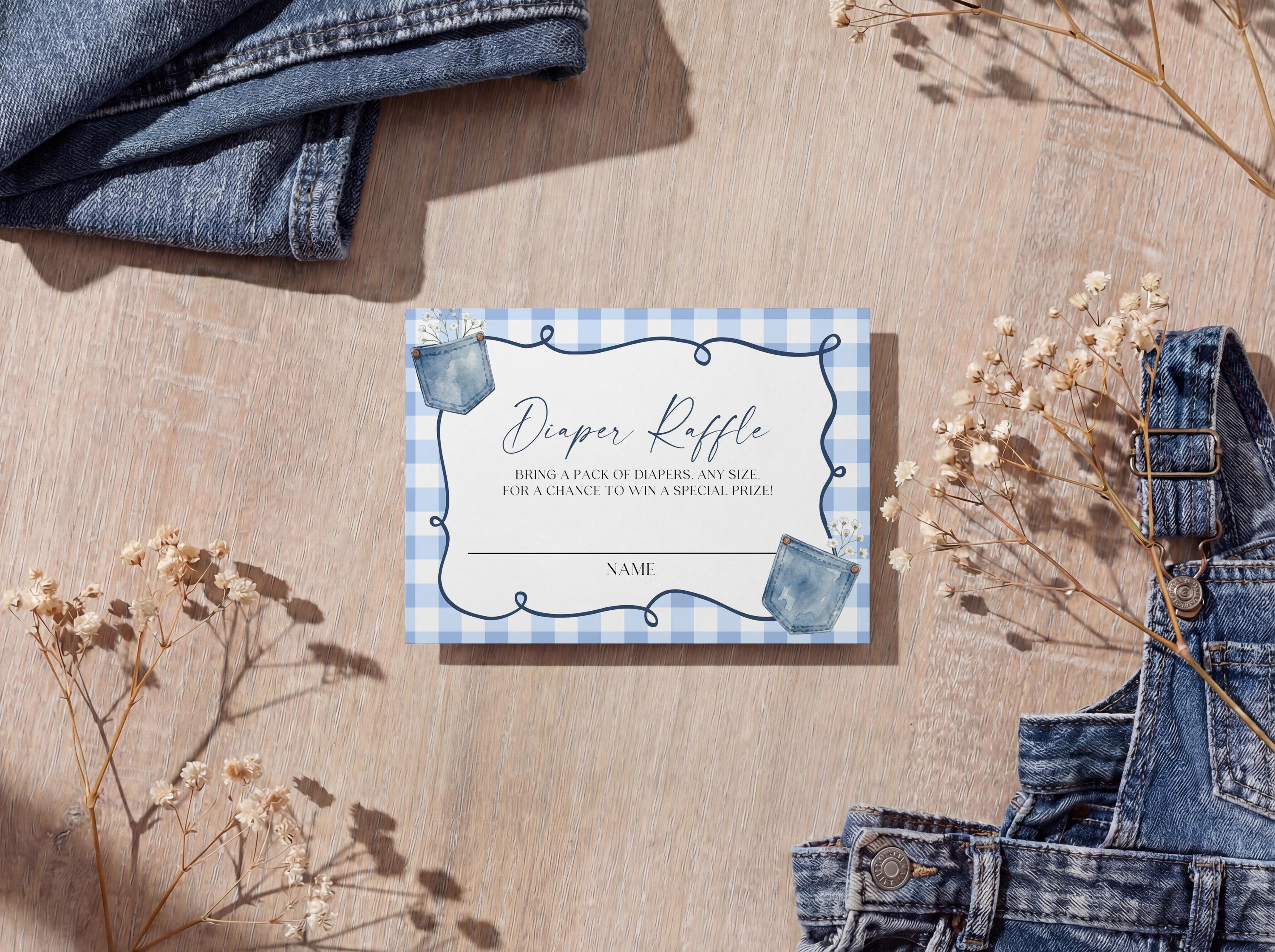 Diaper Raffle Ticket: Blue Jean Denim & Gingham Editable Diaper Card ...