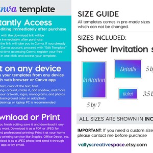 Pu&ograve; includere: Un modello Canva per un set di inviti per una festa di baby shower. Il modello include tre dimensioni diverse: 5 x 7 pollici, 5 x 3,5 pollici e 3,5 x 2 pollici. Il testo sull'immagine dice "Shower Invitation set".