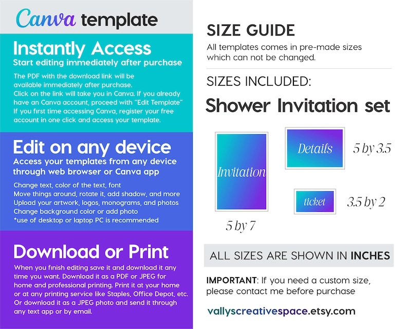 Pu&ograve; includere: Un modello Canva per un set di inviti per una festa di baby shower. Il modello include tre dimensioni diverse: 5 x 7 pollici, 5 x 3,5 pollici e 3,5 x 2 pollici. Il testo sull'immagine dice "Shower Invitation set".