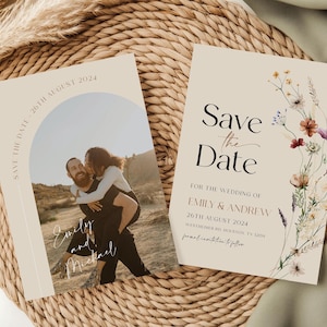 Beige Save The Date, Boho Blumen Save the Date Vorlage, Boho Wildblumen Hochzeit Save the Date #Mila