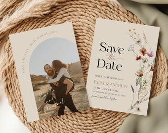 Beige Save The Date, Boho Floral Save the Date template, Boho wildflower wedding save the date #Mila