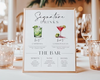 Modello modificabile per cartello del menu del bar per matrimoni / Drink esclusivi per lui e per lei + lista completa del bar / Menu dei cocktail / Cartello modificabile Canva #sgtr
