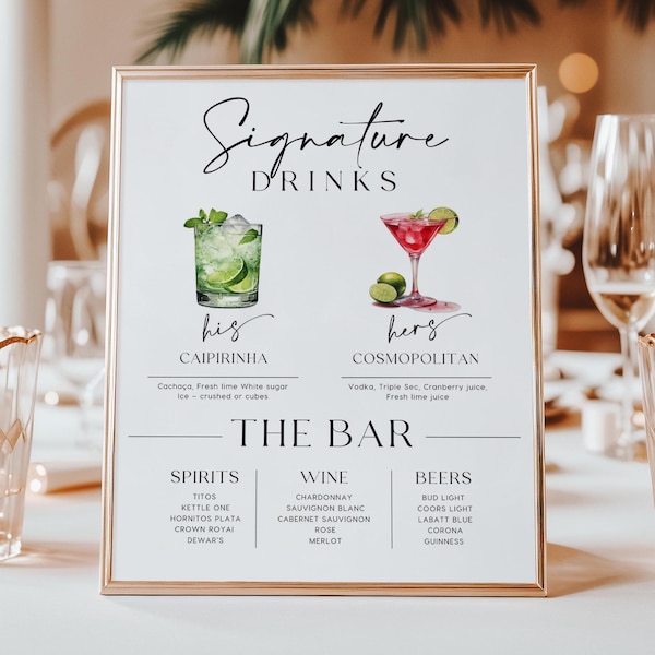 Plantilla editable para letrero de menú de bar de bodas / Bebidas exclusivas para él y para ella + Lista completa de bebidas / Menú de cócteles / Letrero editable en Canva #sgtr