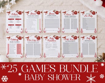 Puede incluir: Un conjunto de 25 juegos para baby shower impresos en tarjetas blancas con detalles en rojo. Cada tarjeta presenta un título de juego diferente, como "What's in Your Purse?" y "Baby Predictions". El texto "25 Games Bundle Baby Shower" se muestra en rojo.