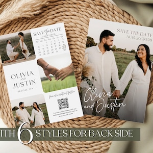 May include: Wedding announcement cards featuring photos of a couple, with the names "Olivia and Justin" in elegant script. The cards include a calendar showing August 2028 and the date August 26, 2028. The text "With 6 Styles for Back Side" is also present.