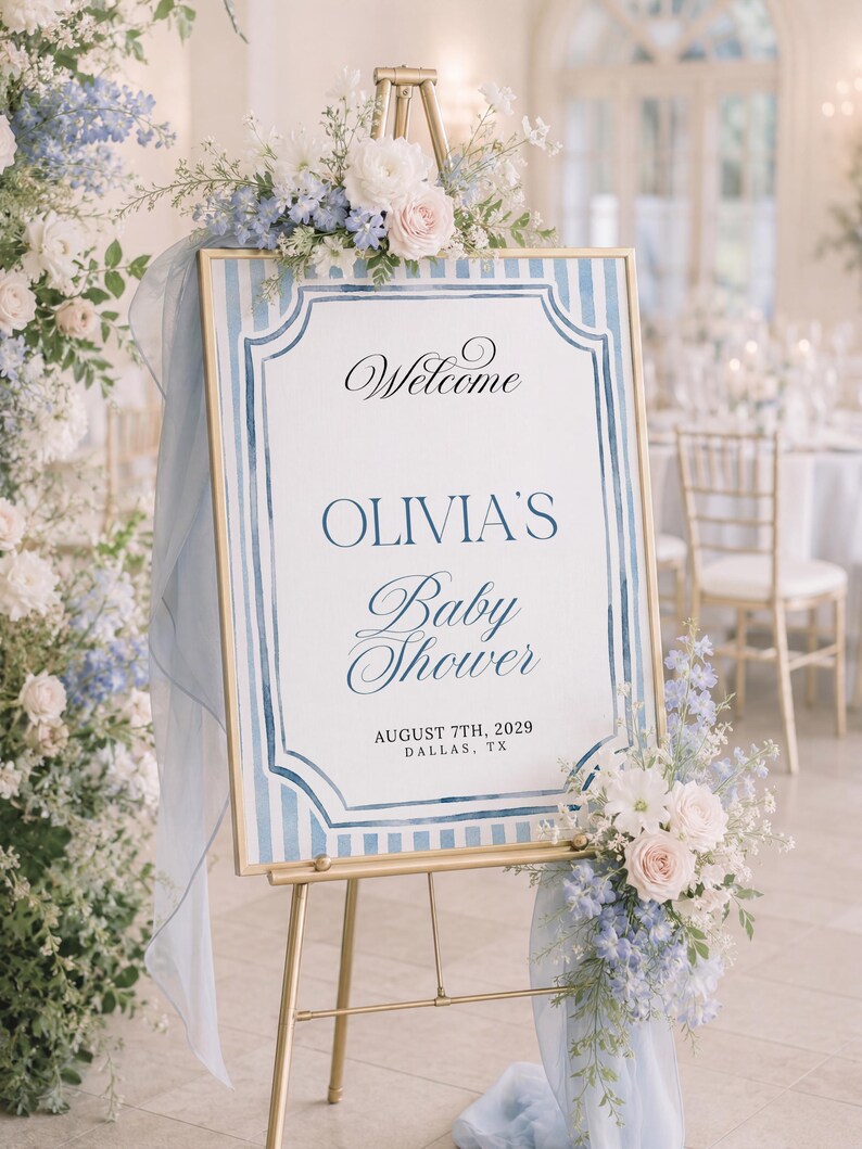 Editable blue striped baby shower welcome sign template with watercolor border, classic frame details, and elegant script lettering.