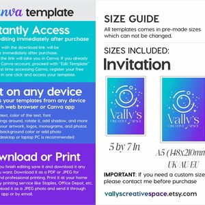 May include: A Canva template advertisement with a teal and purple color scheme. The text includes instructions for instant access, editing on any device, and downloading or printing. Invitation sizes are 5 by 7 inches and A5 (148x210mm).