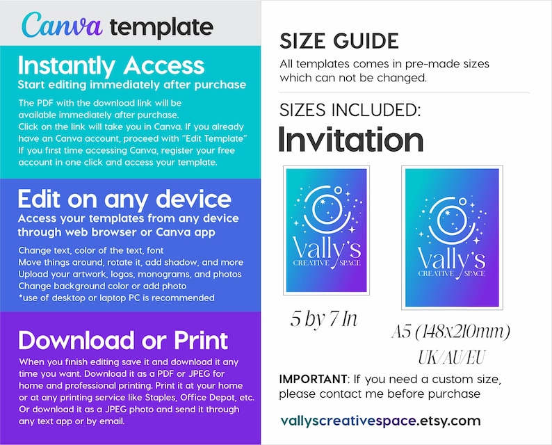May include: A Canva template advertisement with a teal and purple color scheme. The text includes instructions for instant access, editing on any device, and downloading or printing. Invitation sizes are 5 by 7 inches and A5 (148x210mm).